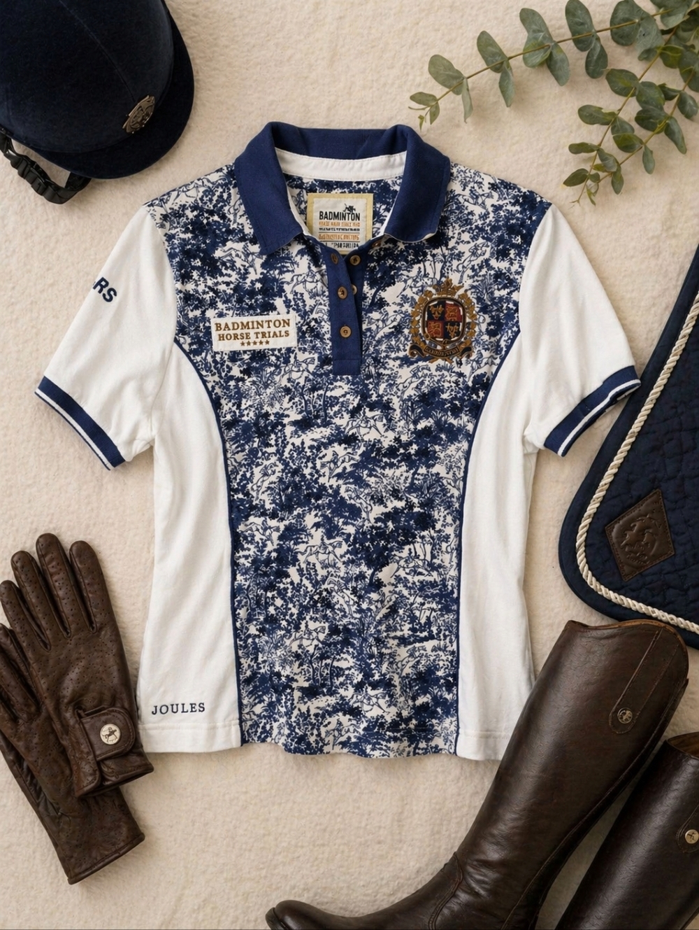 Joules Badminton Horse Trails Navy White Toile SSleeve Equestrian Polo Ladies 10